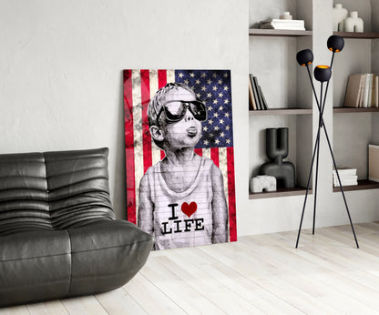 Rustic USA Flag Sunglasses Boy Glass Wall Art