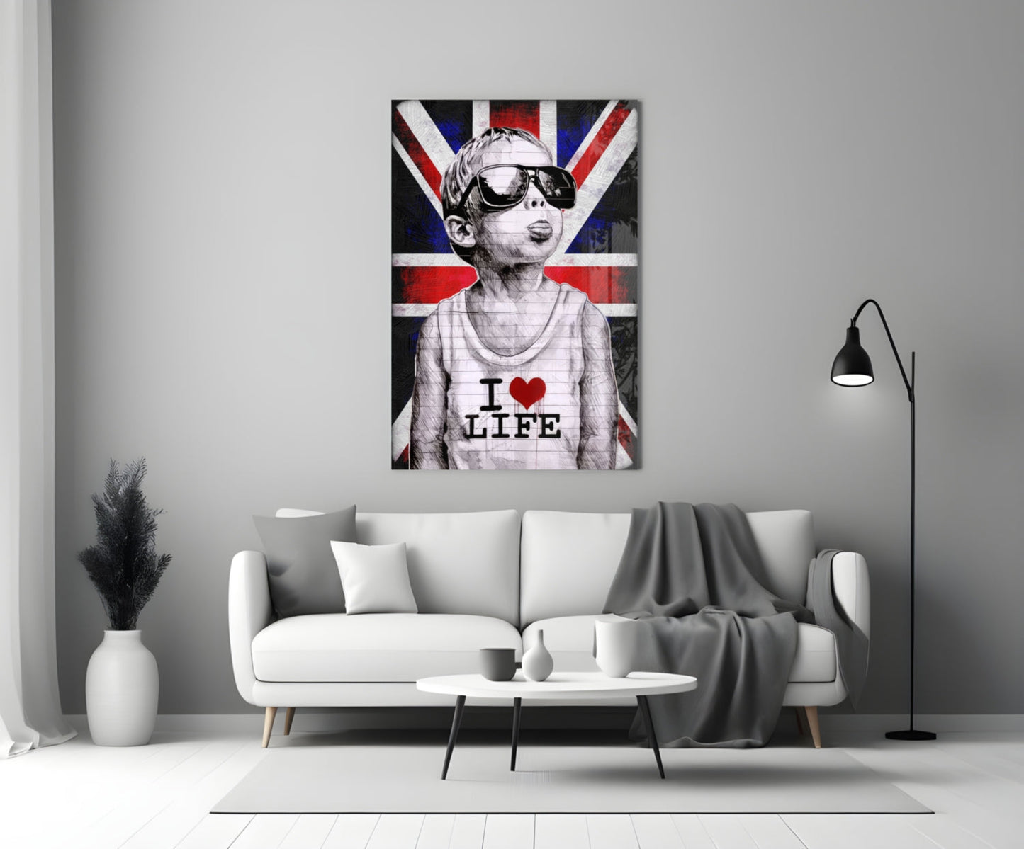 Union Jack Sunglasses Boy Glass Wall Art
