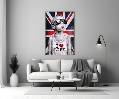 Union Jack Sunglasses Boy Glass Wall Art