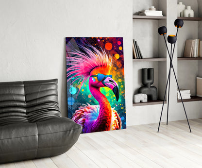 Flamingo in Sunglasses Neon Bokeh Glass Wall Art