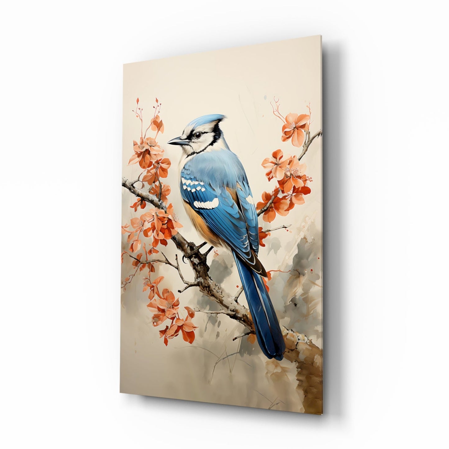 Blue Bird on Coral Blossom Branch Glass Wall Art