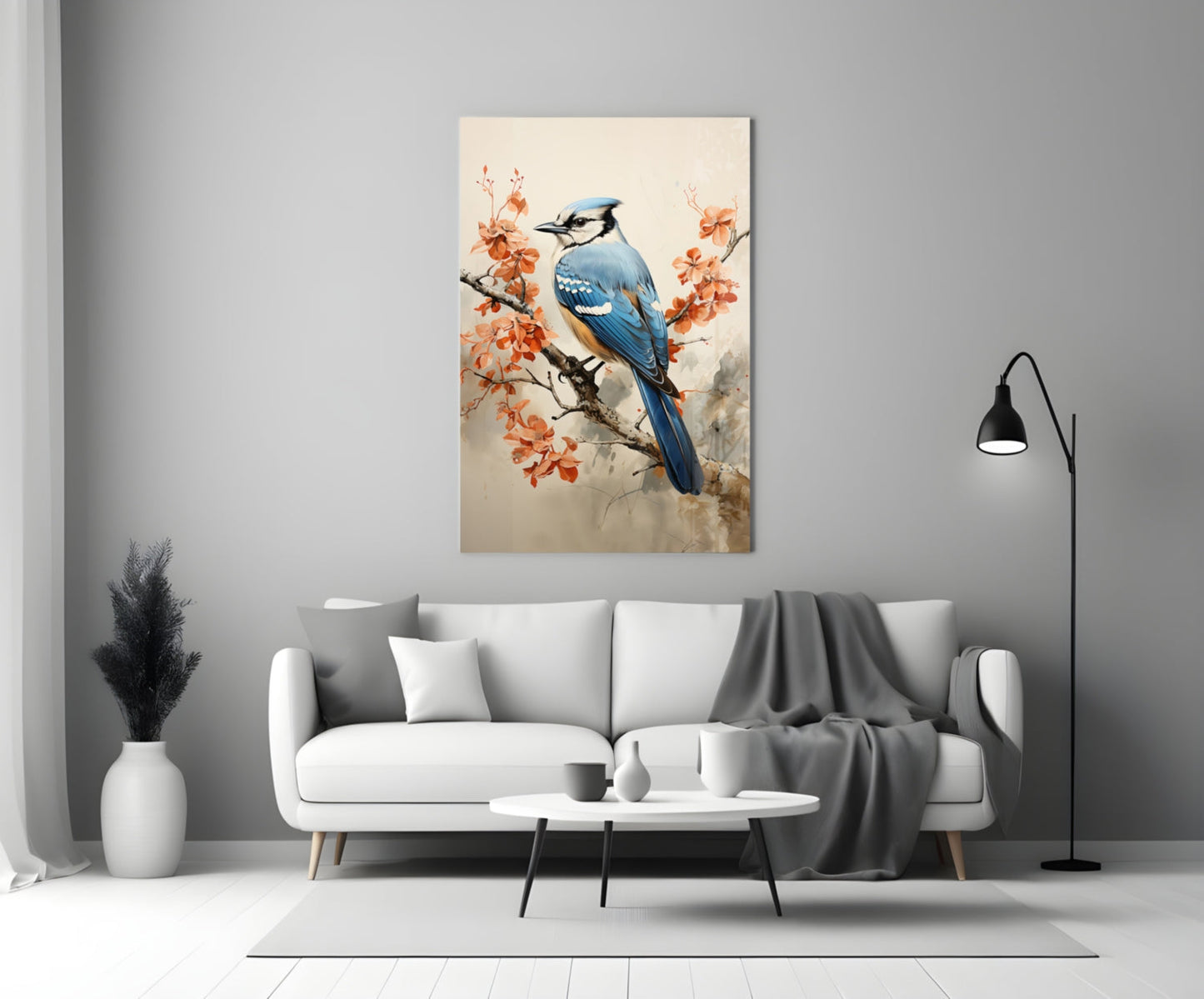 Blue Bird on Coral Blossom Branch Glass Wall Art