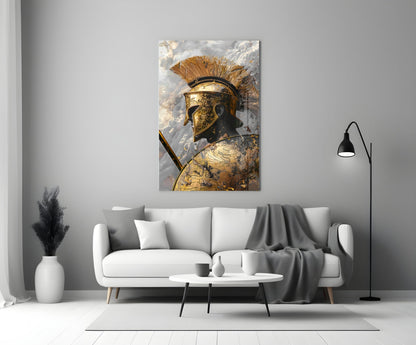 Golden Spartan Helmet Clouds Glass Wall Art