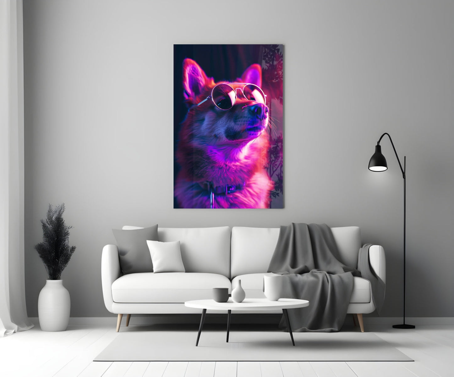Pink Neon Shiba Aviator Dog with Glasses Glass Wall Art