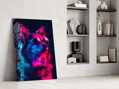 Blue and Pink Fluffy Chihuahua Dog with Glasses Glass Wall Art