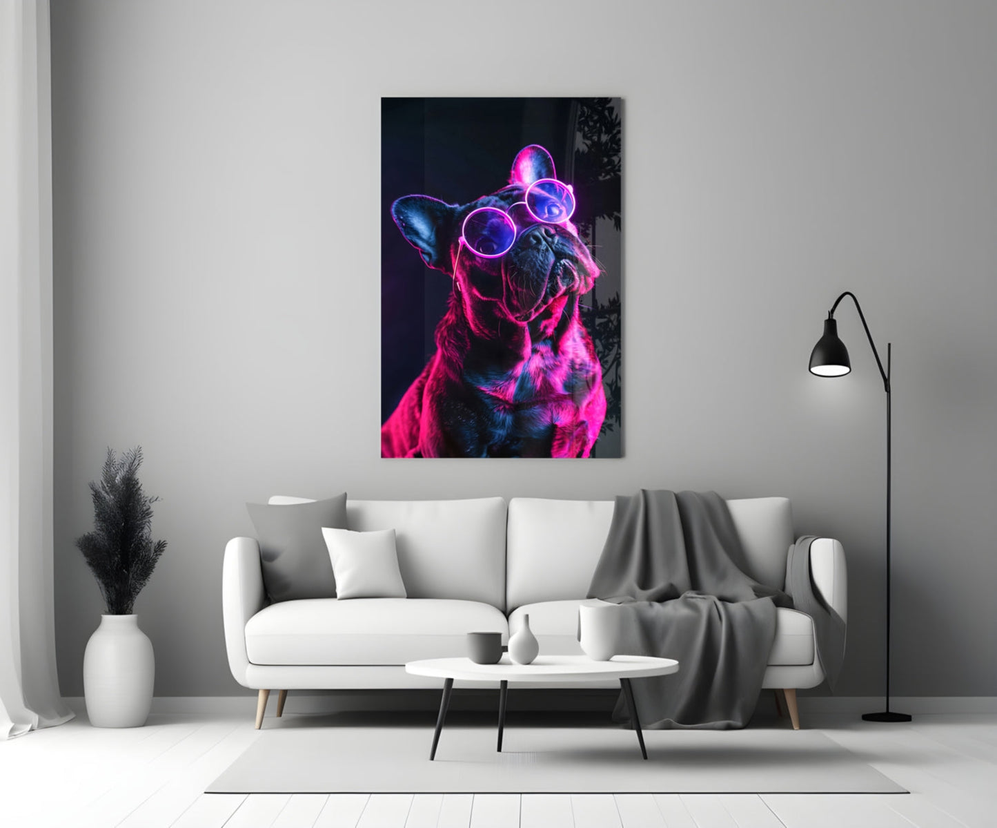 Purple Neon Frenchie Looking Up Dog with Glasses Glass Wall Art