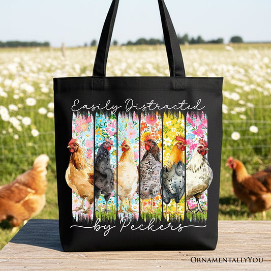 Easily Distracted by Peckers Chicken Farm Canvas Tote Bag, Funny Floral Farmlife Brushstroke Gift Shopper