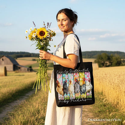 Easily Distracted by Peckers Chicken Farm Canvas Tote Bag, Funny Floral Farmlife Brushstroke Gift Shopper