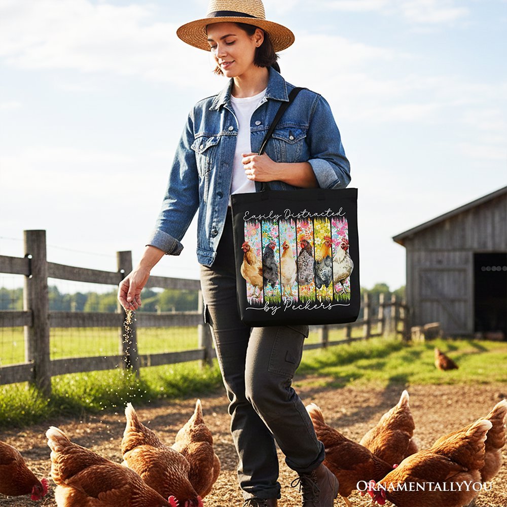 Easily Distracted by Peckers Chicken Farm Canvas Tote Bag, Funny Floral Farmlife Brushstroke Gift Shopper