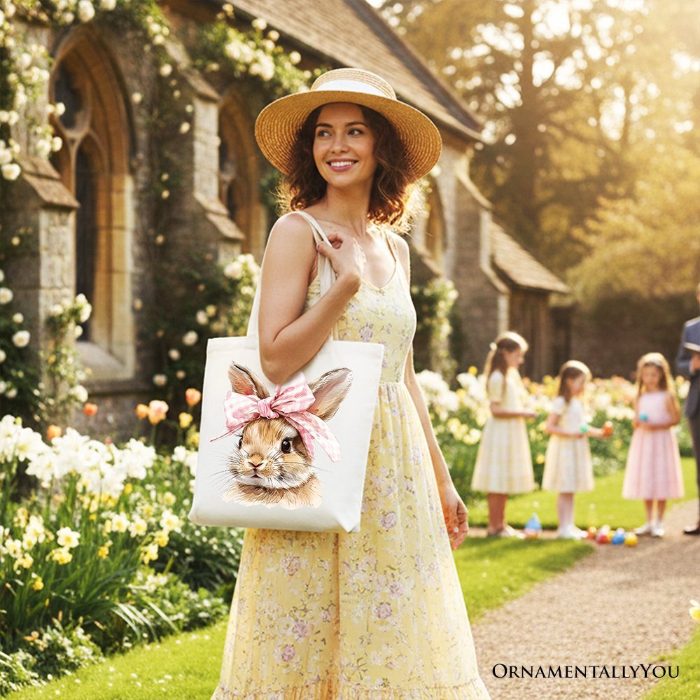 Easter Bunny Coquette Pink Bow Tote Bag, Cute Watercolor Gift Shopper