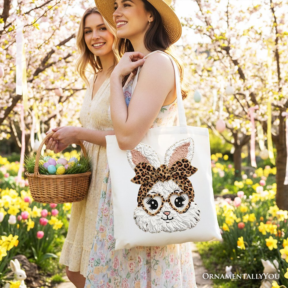 Easter Bunny Leopard Bow Tote Bag, Coquette Printed Faux Embroidery Girly Spring Gift Shopper