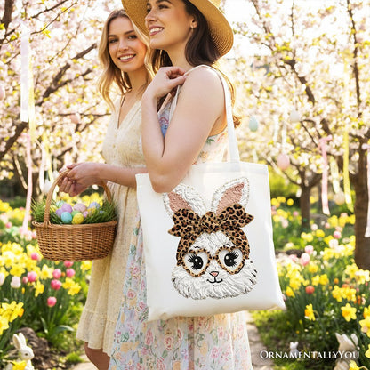Easter Bunny Leopard Bow Tote Bag, Coquette Printed Faux Embroidery Girly Spring Gift Shopper