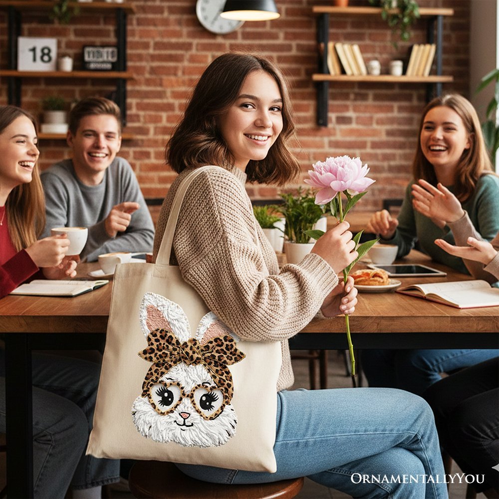 Easter Bunny Leopard Bow Tote Bag, Coquette Printed Faux Embroidery Girly Spring Gift Shopper