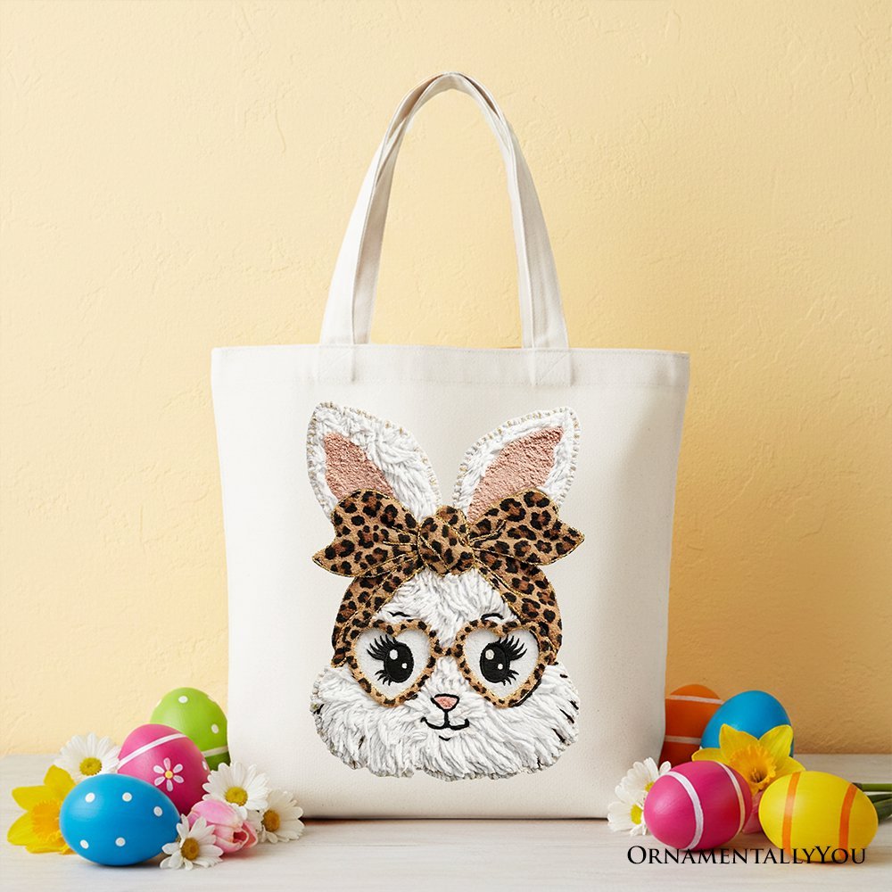 Easter Bunny Leopard Bow Tote Bag, Coquette Printed Faux Embroidery Girly Spring Gift Shopper