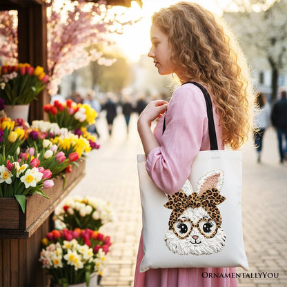 Easter Bunny Leopard Bow Tote Bag, Coquette Printed Faux Embroidery Girly Spring Gift Shopper