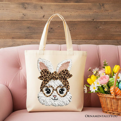 Easter Bunny Leopard Bow Tote Bag, Coquette Printed Faux Embroidery Girly Spring Gift Shopper
