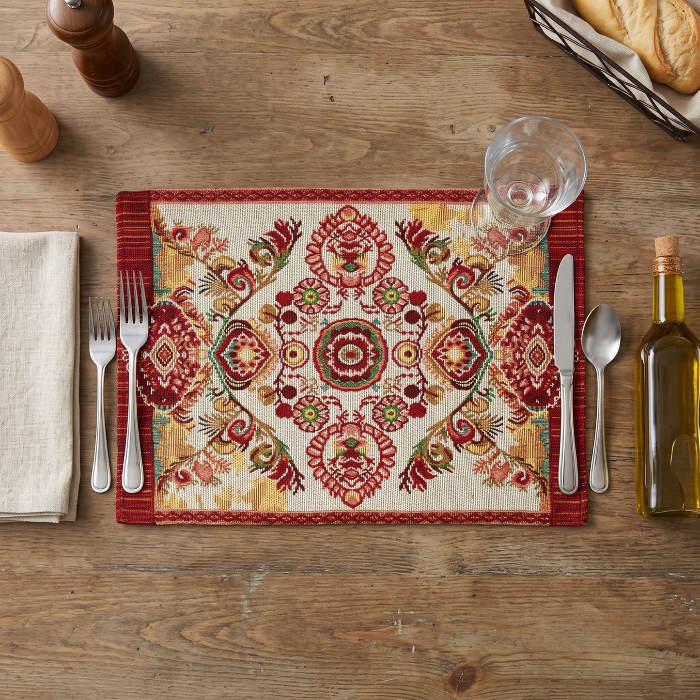 Tache Burgundy Ornate Paisley Woven Tapestry Placemats - Eclectic Modern Dining Set (18194)