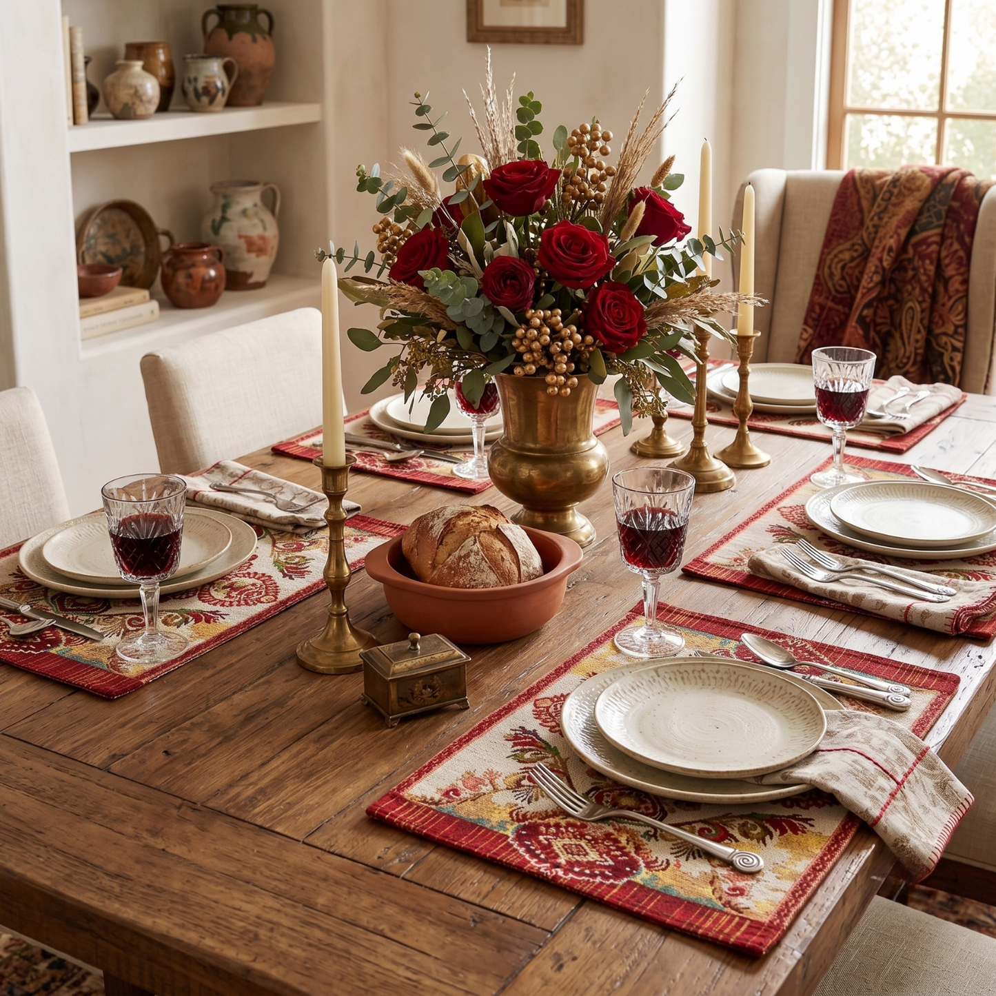 Tache Burgundy Ornate Paisley Woven Tapestry Placemats - Eclectic Modern Dining Set (18194)