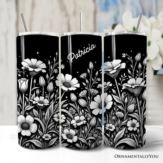 Elegant Wildflower Meadow 20oz Personalized Tumbler With Lid and Stainless Steel Straw, Minimalist Floral Gift Cup