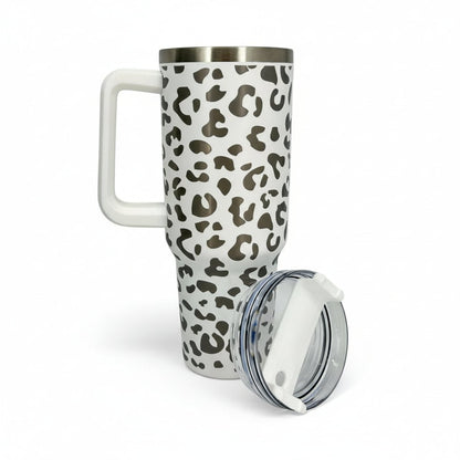 Engraved Leopard Print 40 oz Tumbler with Handle and Straw Lid