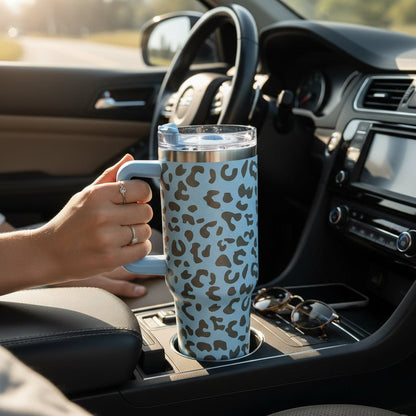 Engraved Leopard Print 40 oz Tumbler with Handle and Straw Lid