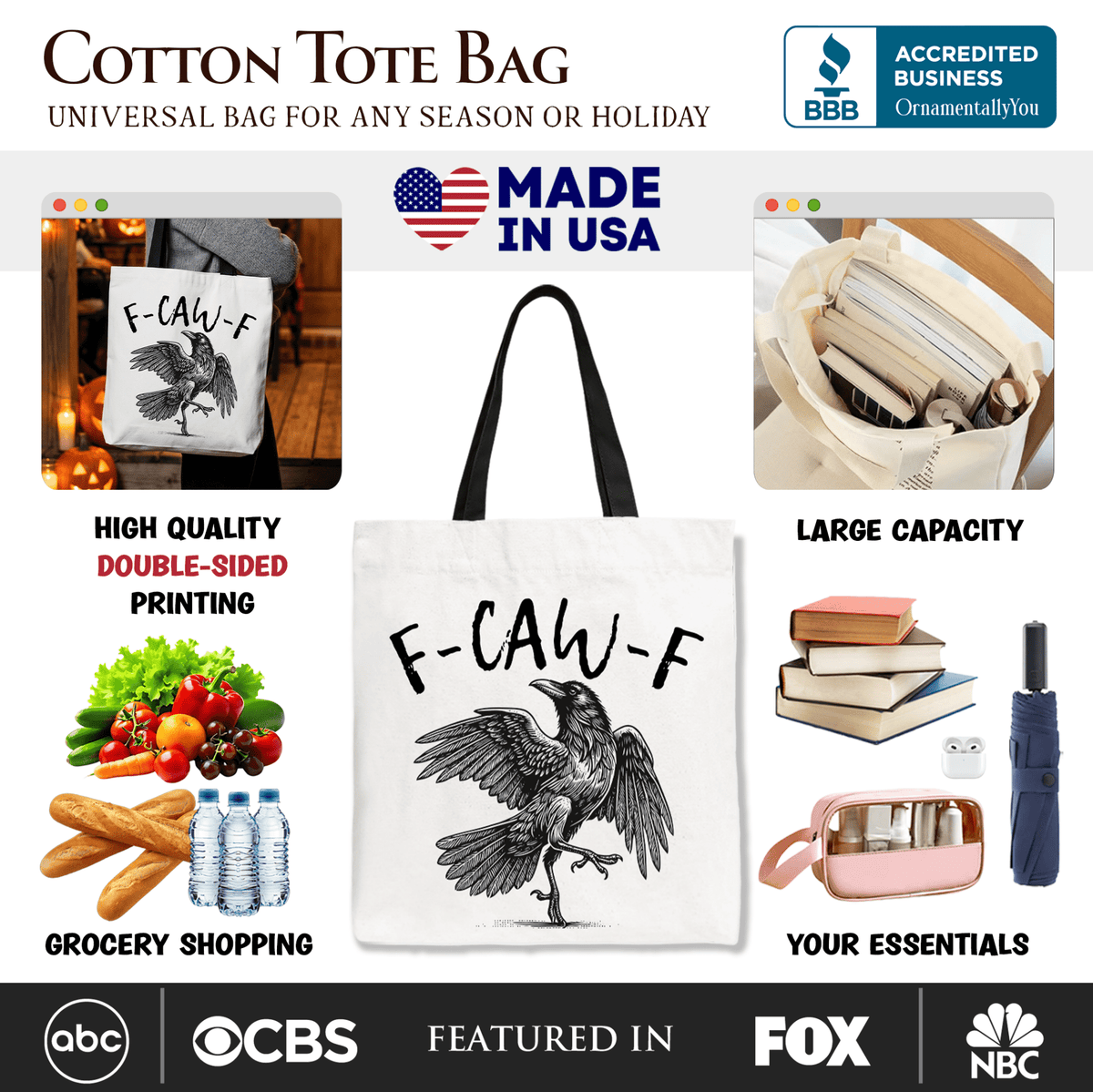 F-CAW-F Gothic Raven Tote Bag, Snarky Halloween Gift Shopper for Sassy Goths and Crow Lovers