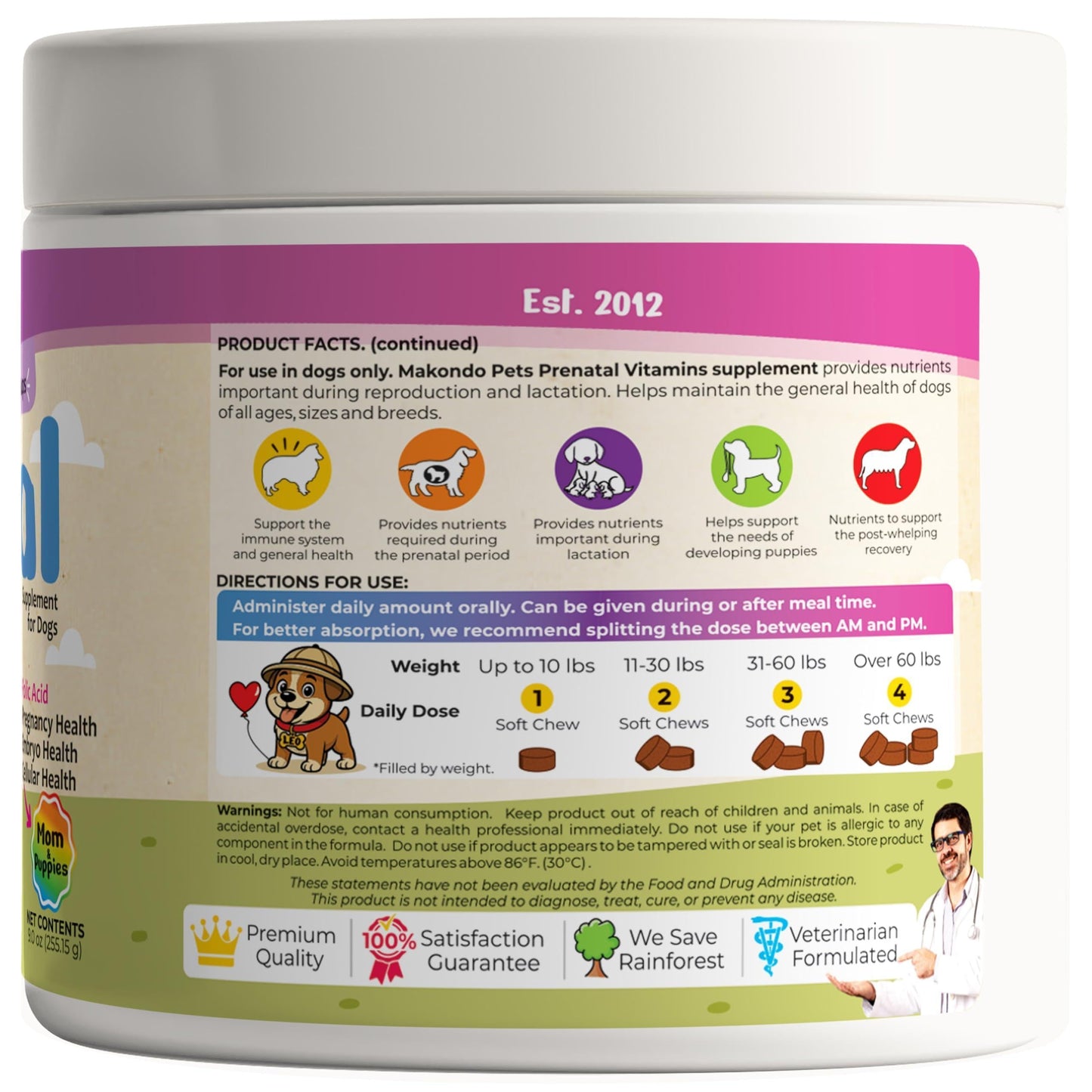 Dog Prenatal Vitamins 120 Soft Chews Folic Acid Zinc B-Complex DHA & EPA