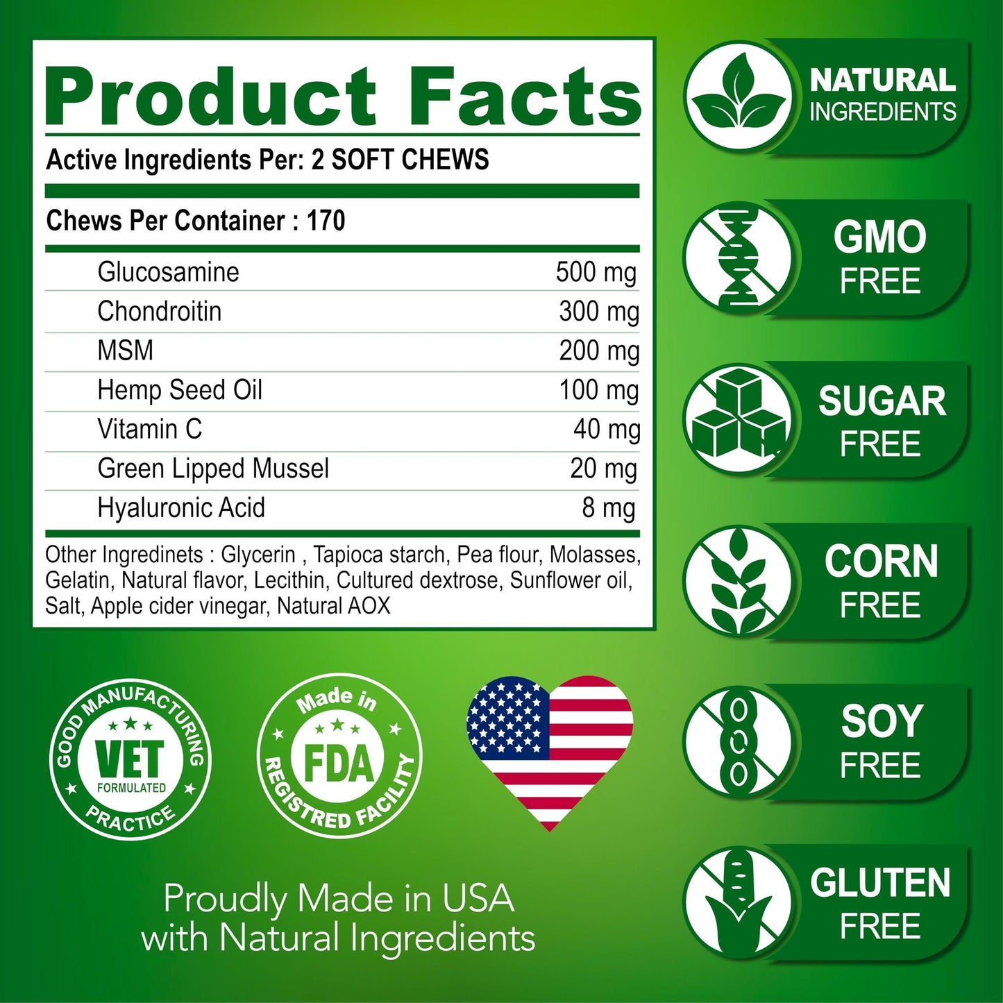 Glucosamine for Dogs 170 Mobility Chews Chondroitin MSM & Hemp