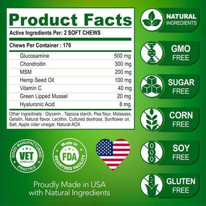 Glucosamine for Dogs 170 Mobility Chews Chondroitin MSM & Hemp