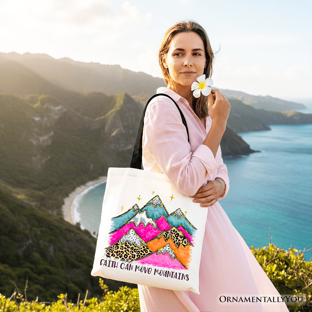 Faith Can Move Mountains Christian Tote Bag, Leopard Inspirational Gift Shopper