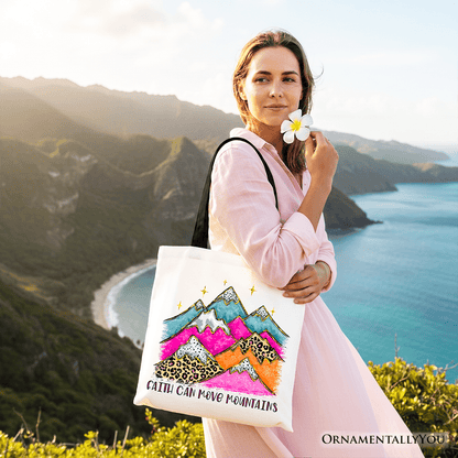 Faith Can Move Mountains Christian Tote Bag, Leopard Inspirational Gift Shopper