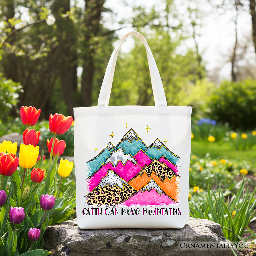 Faith Can Move Mountains Christian Tote Bag, Leopard Inspirational Gift Shopper