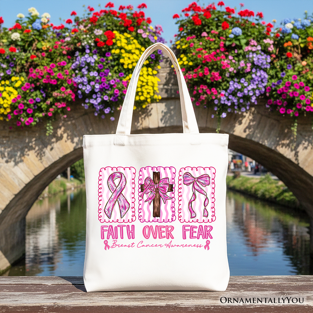 Faith Over Fear Breast Cancer Christian Tote Bag, Pink Ribbon Awareness Gift Shopper