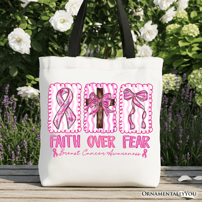 Faith Over Fear Breast Cancer Christian Tote Bag, Pink Ribbon Awareness Gift Shopper
