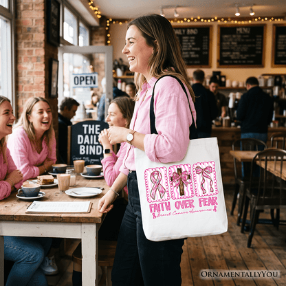 Faith Over Fear Breast Cancer Christian Tote Bag, Pink Ribbon Awareness Gift Shopper