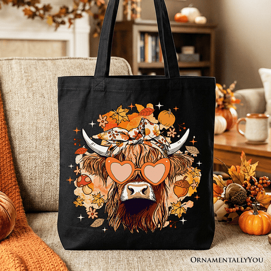 Fall Highland Cow Tote Bag, Messy Bun Howdy Gift Shopper with Autumn Vibes