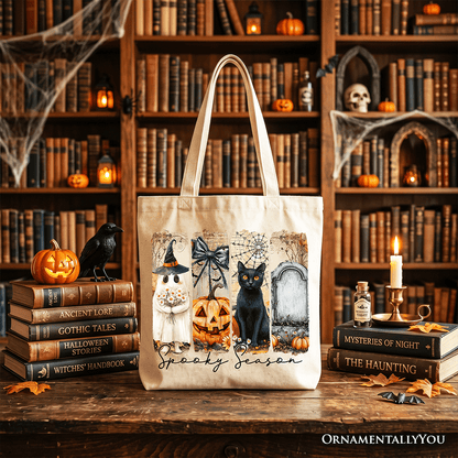 Fall Spooky Season Brushstroke Tote Bag, Coquette Vintage Ghost Cat and Pumpkin Gift Shopper