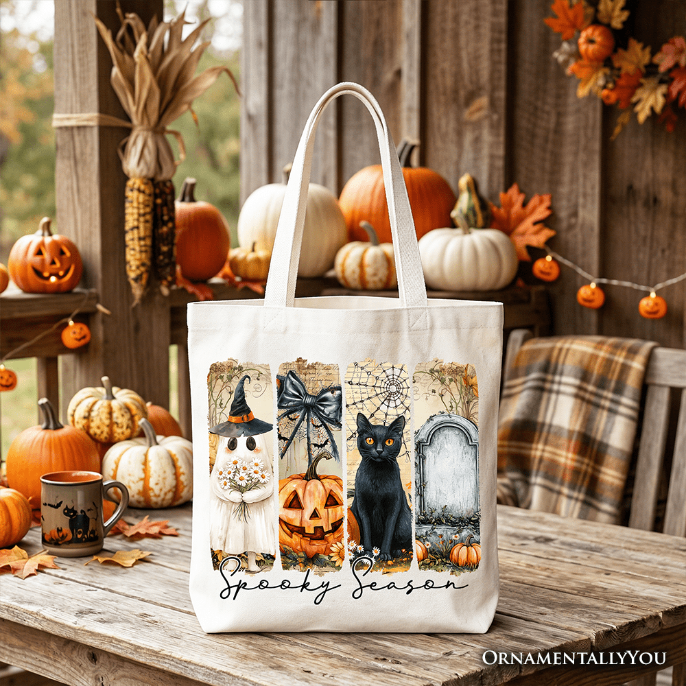 Fall Spooky Season Brushstroke Tote Bag, Coquette Vintage Ghost Cat and Pumpkin Gift Shopper