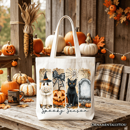 Fall Spooky Season Brushstroke Tote Bag, Coquette Vintage Ghost Cat and Pumpkin Gift Shopper