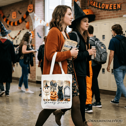 Fall Spooky Season Brushstroke Tote Bag, Coquette Vintage Ghost Cat and Pumpkin Gift Shopper
