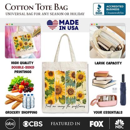 Find Me Among the Sunflowers Floral Canvas Tote Bag, Trendy Women Gift