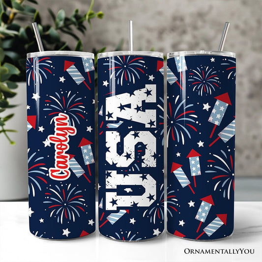 Fireworks USA Block Letters 20oz Personalized Tumbler With Lid and Stainless Steel Straw, Vintage July 4th Patriotic Gift Cup