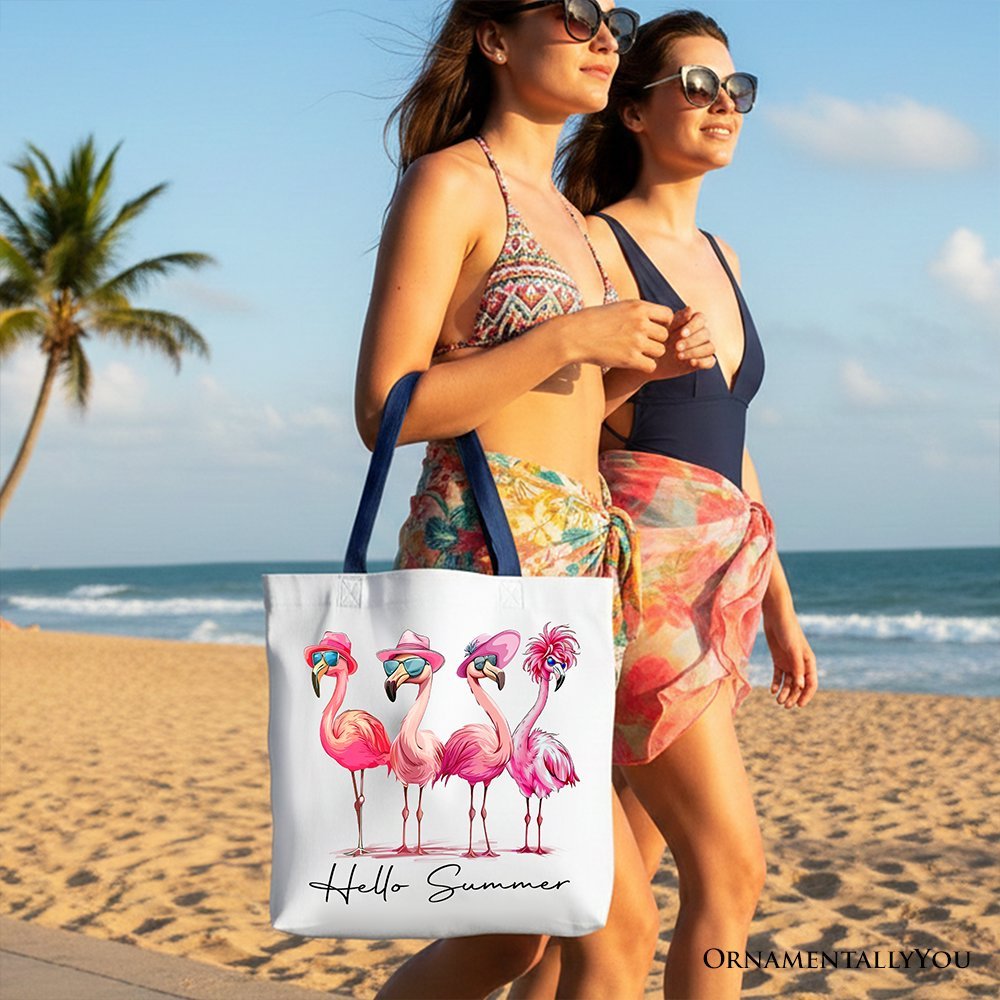 Flamingo Hello Summer Canvas Tote Bag, Retro Gift Shopper with Tropical Birds