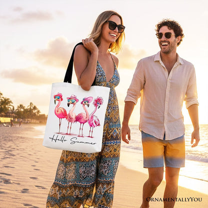 Flamingo Hello Summer Canvas Tote Bag, Retro Gift Shopper with Tropical Birds