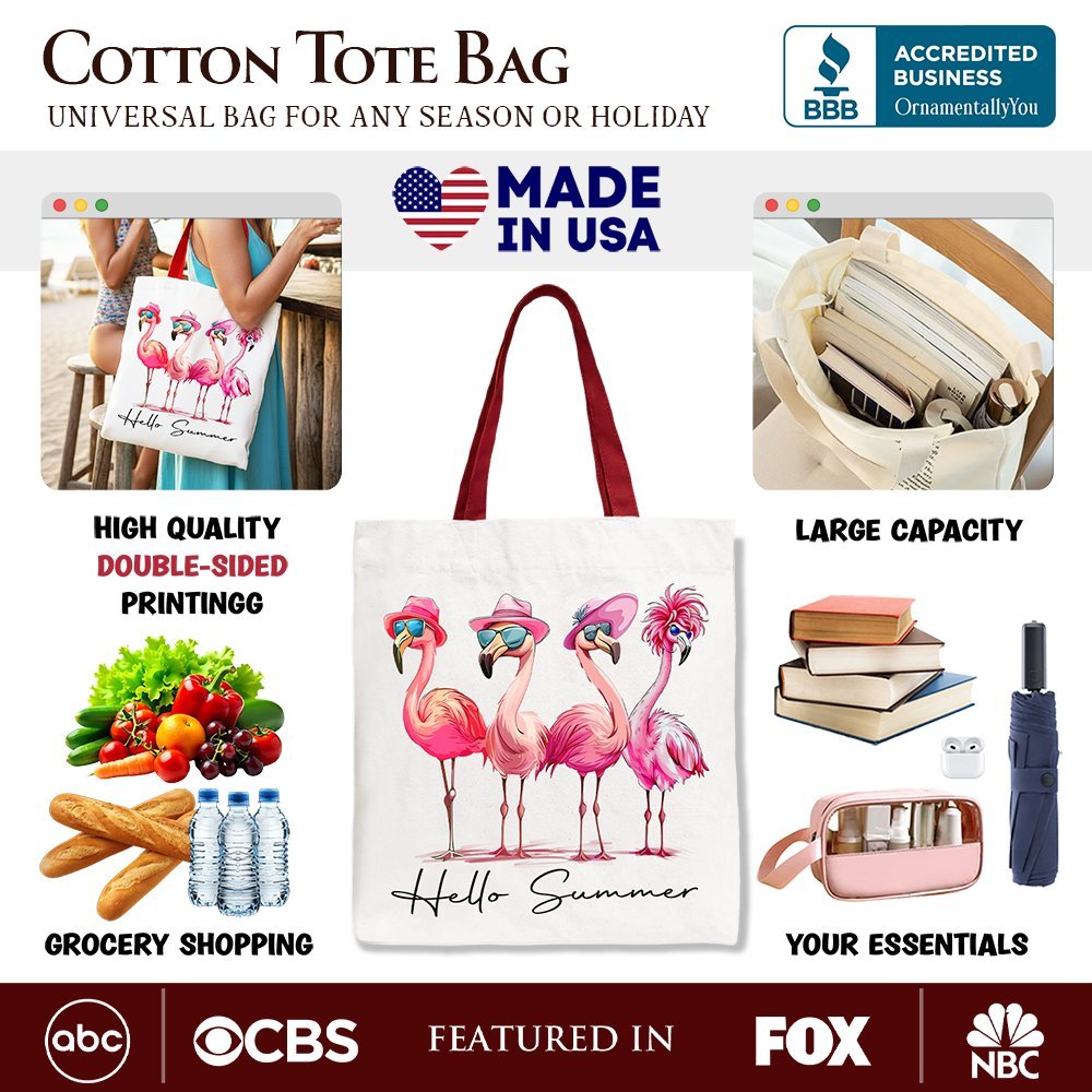 Flamingo Hello Summer Canvas Tote Bag, Retro Gift Shopper with Tropical Birds