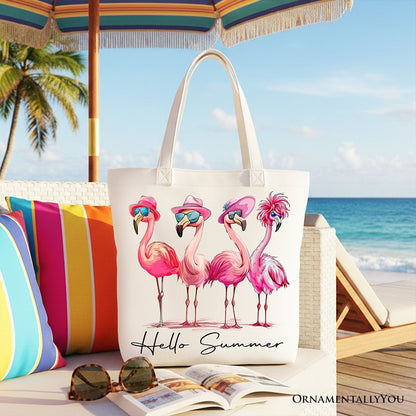 Flamingo Hello Summer Canvas Tote Bag, Retro Gift Shopper with Tropical Birds