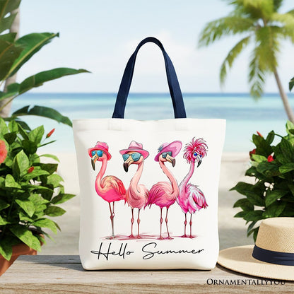 Flamingo Hello Summer Canvas Tote Bag, Retro Gift Shopper with Tropical Birds