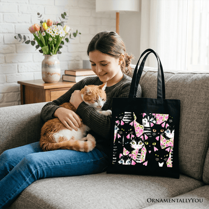 Floral Black And Pink Cats Pattern Cute Tote Bag, Kitten Collage Gift Shopper for Cat Lovers