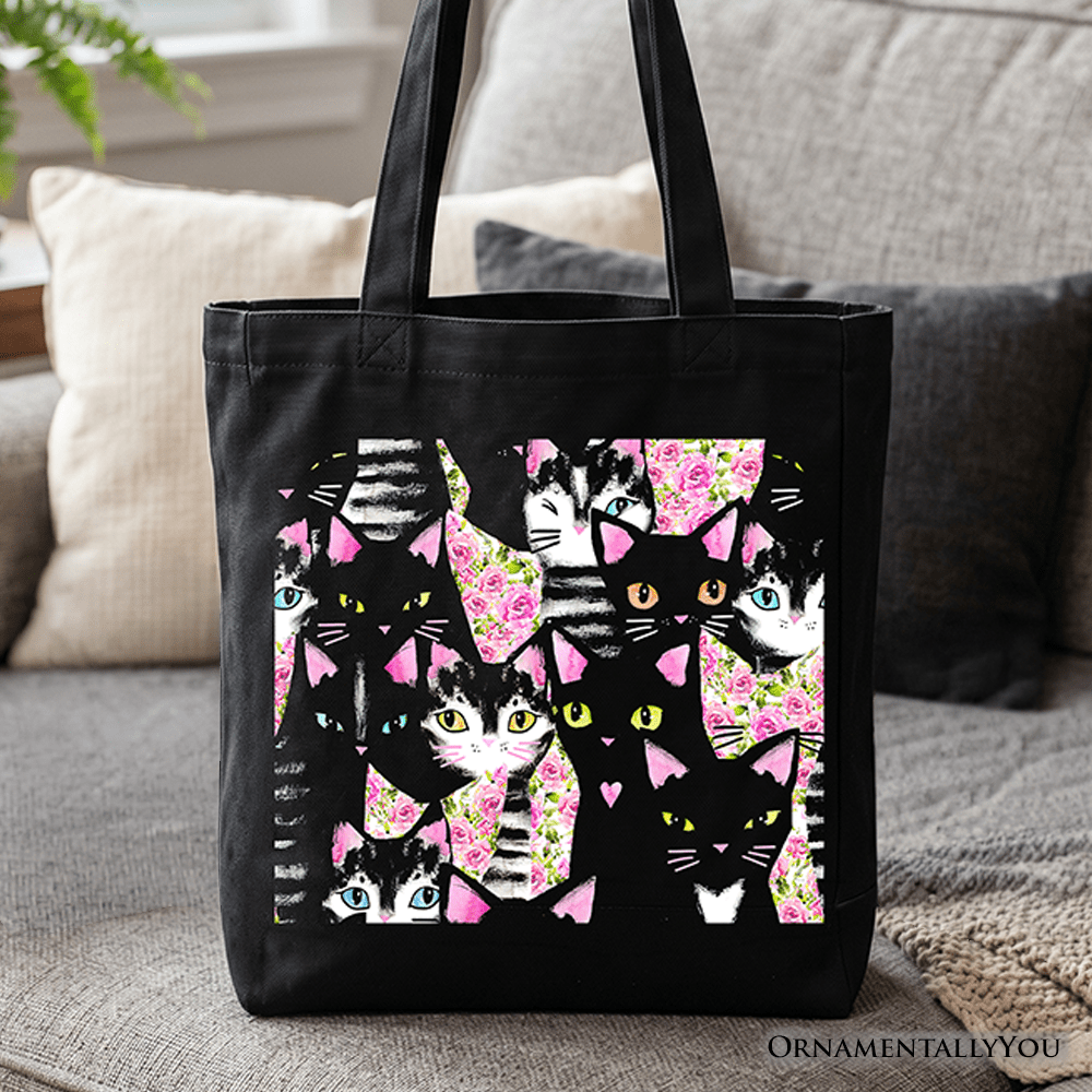 Floral Black And Pink Cats Pattern Cute Tote Bag, Kitten Collage Gift Shopper for Cat Lovers