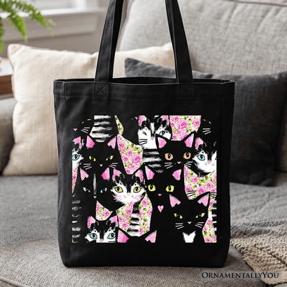 Floral Black And Pink Cats Pattern Cute Tote Bag, Kitten Collage Gift Shopper for Cat Lovers